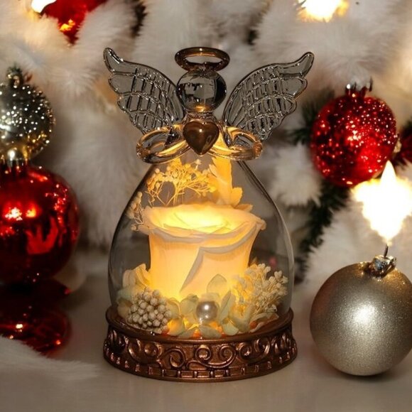 Real Preserved Rose Guardian Angel Glass Dome Copper Plated Base with LED Light - Picture 2 of 13
